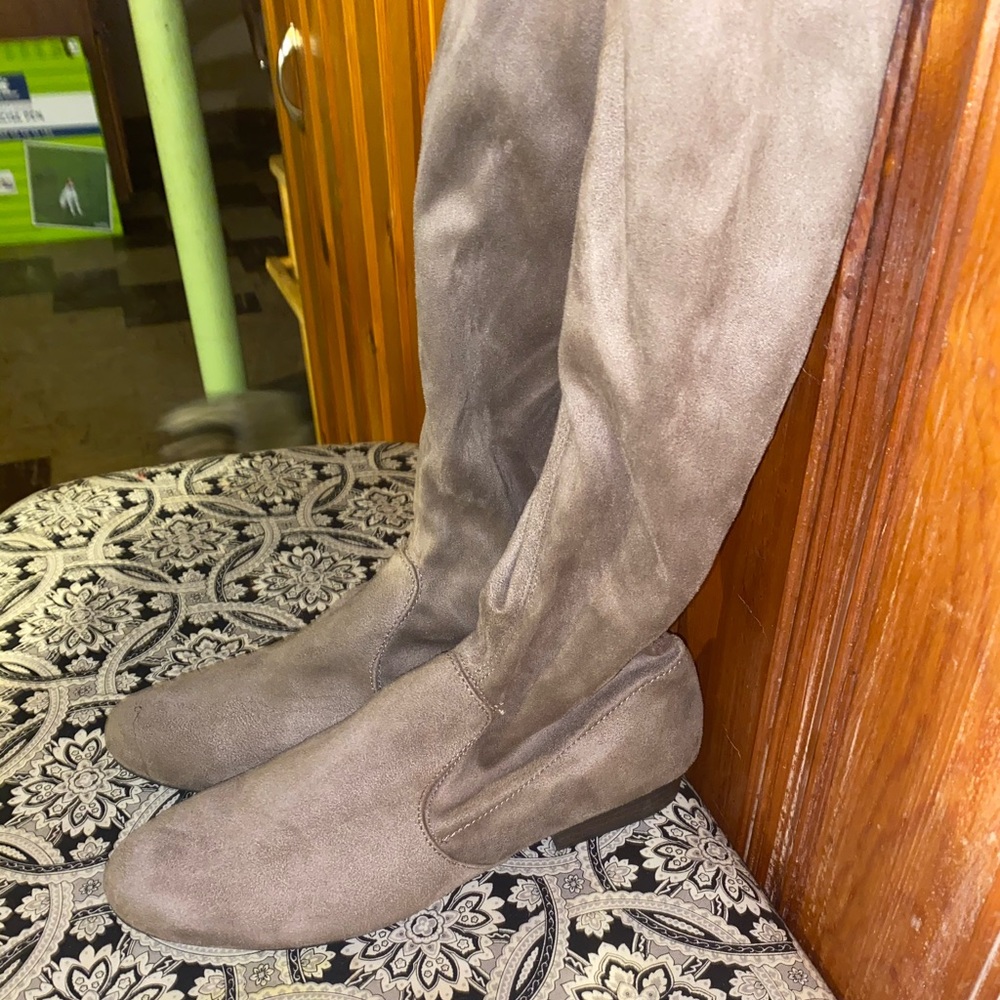 Suede, taupe colored knee high boots